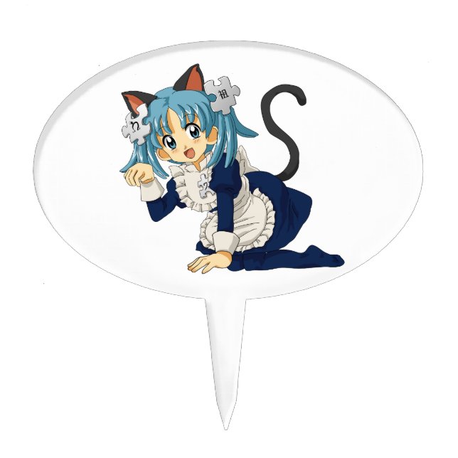 Anime Schoolgirl Cat on her Knees in Maid Dress Cake Topper (Front)