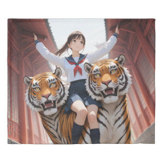 Anime Schoolgirl Riding Two-Headed Bengal Tiger Duvet Cover