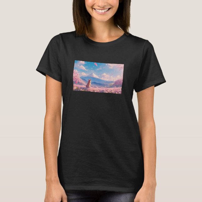 Anime Shiba Inu Under Sakura Tree with Mount Fuji T-Shirt (Front)