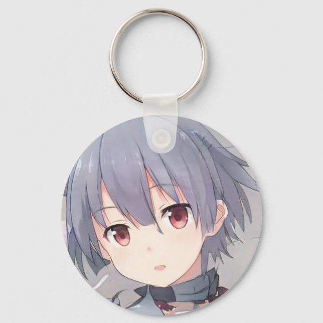 Anime short gray hair brown eyes girl manga keychain (Front)