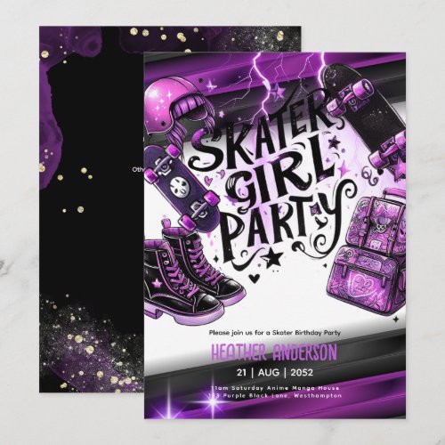 Anime Skater Girl Birthday Party Skateboard Invitation