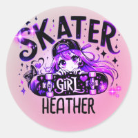 Anime Skater Girl Birthday Party Skateboarding Classic Round Sticker