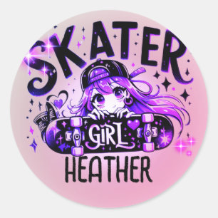 Anime Skater Girl Birthday Party Skateboarding Classic Round Sticker