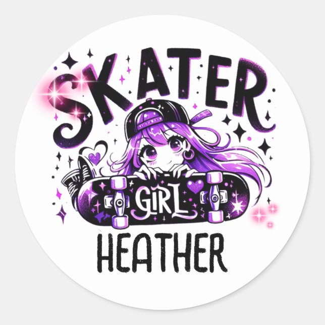 Anime Skater Girl Birthday Party Skateboarding Classic Round Sticker (Front)