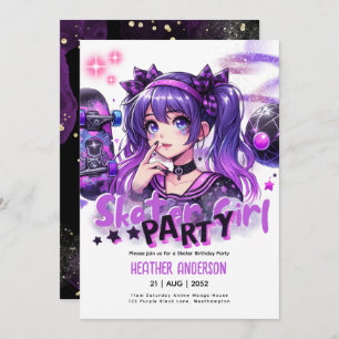 Anime Skater Girl Birthday Party Skateboarding Invitation