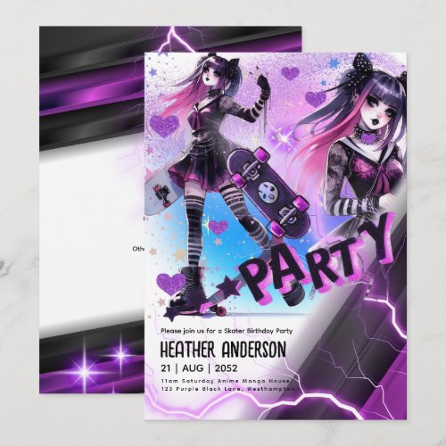 Anime Skater Girl Birthday Party Skateboarding Invitation
