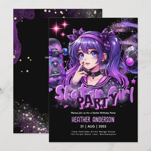 Anime Skater Girl Birthday Party Skateboarding Invitation