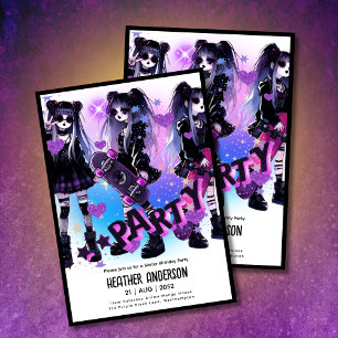 Anime Skater Girl Birthday Party Skateboarding Invitation
