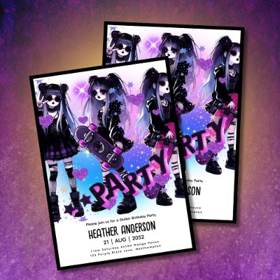 Anime Skater Girl Birthday Party Skateboarding Invitation