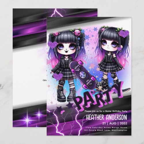 Anime Skater Girl Birthday Party Skateboarding Invitation