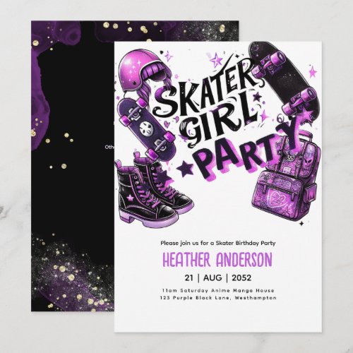 Anime Skater Girl Birthday Party Skateboarding Invitation