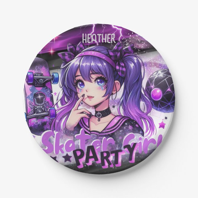 Anime Skater Girl Birthday Party Skateboarding Paper Plates (Front)