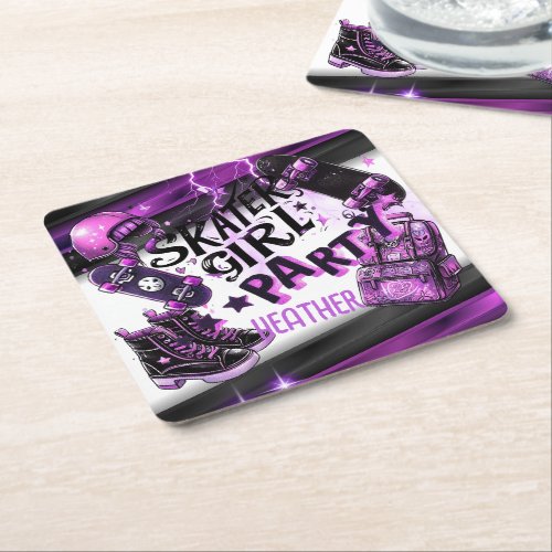 Anime Skater Girl Birthday Party Skateboarding Square Paper Coaster