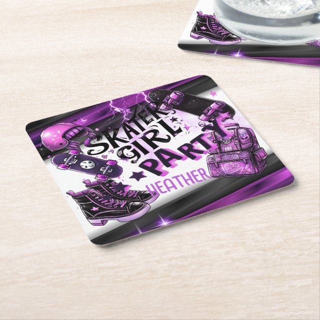 Anime Skater Girl Birthday Party Skateboarding Square Paper Coaster (Angled)