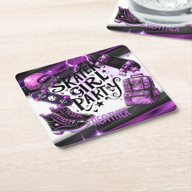 Anime Skater Girl Birthday Party Skateboarding Square Paper Coaster (Angled)