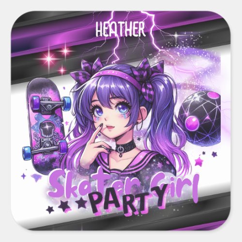 Anime Skater Girl Birthday Party Skateboarding Square Sticker