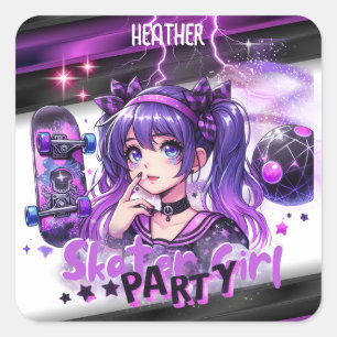 Anime Skater Girl Birthday Party Skateboarding Square Sticker
