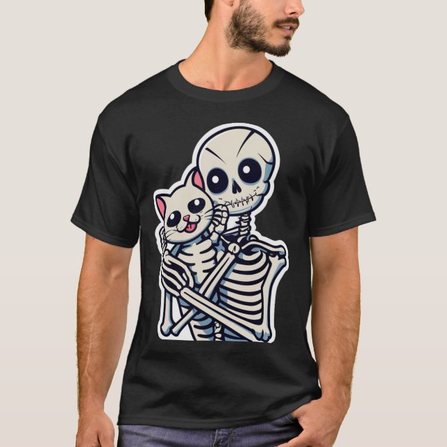 Anime Skeleton Holding A Cat Shirt Lazy Halloween  (Front)