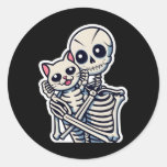 Anime Skeleton Holding A Cat Shirt Lazy Halloween  Classic Round Sticker
