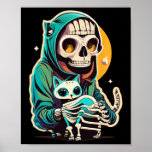 Anime Skeleton Holding A Cat Shirt Lazy Halloween  Poster