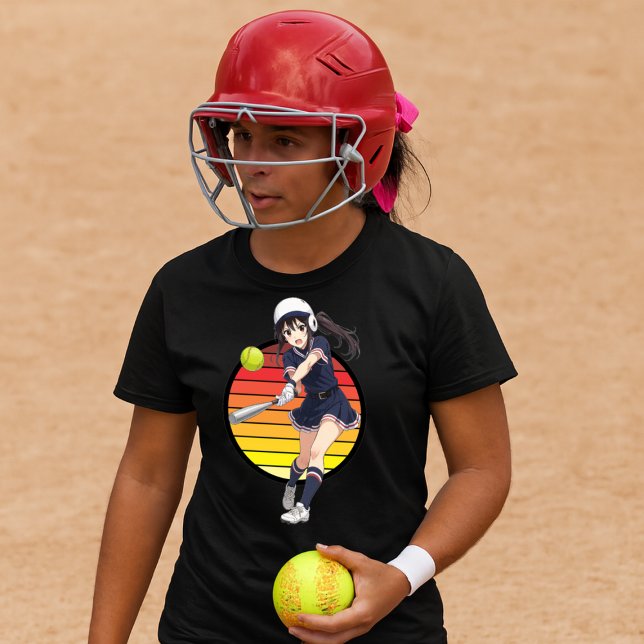 Anime Softball Girl On Retro Sunset Template T-Shirt (Creator Uploaded)