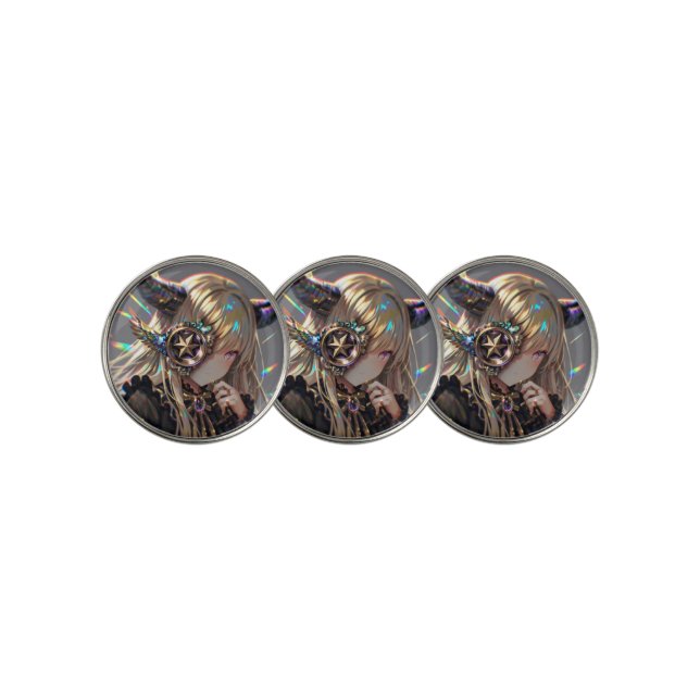 Anime Steampunk Horned Beauty with Star Monocle Golf Ball Marker (3 Up)