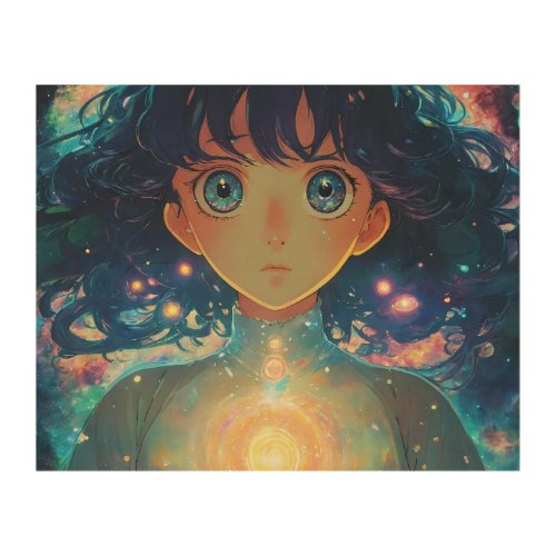 Anime studio Ghibli cute cosmic goddess glowing  Wood Wall Art
