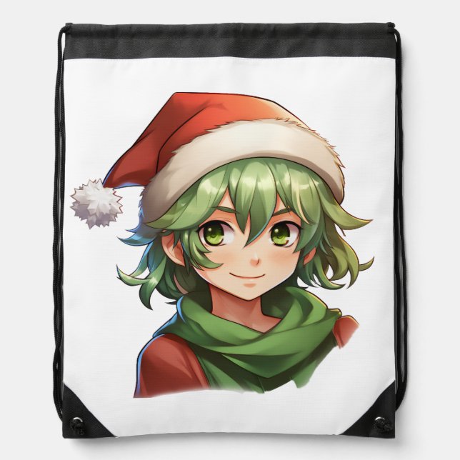 Anime Style Christmas Elf Portrait Drawstring Bag (Front)