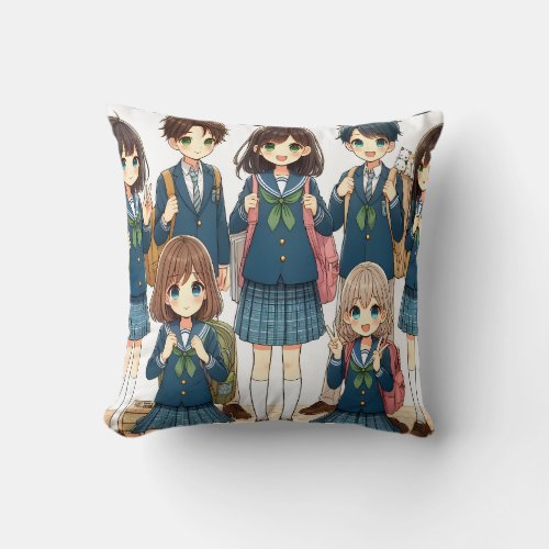 Anime Style Cute School Kids Throw Pillow