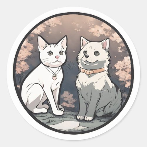 Anime_style dog and cat classic round sticker