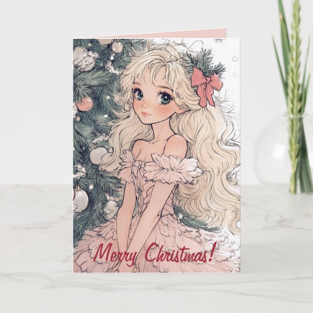 Anime-style Girl and Christmas Tree Card (Front)