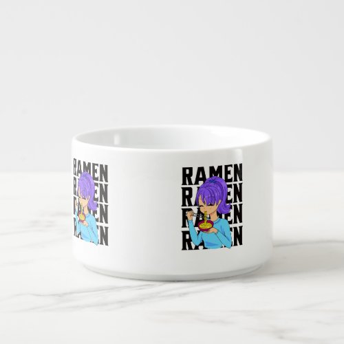 Anime style girl eating Noodles black text Bowl