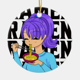 Anime style girl eating Noodles black text Ceramic Ornament