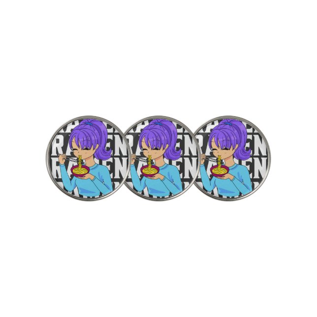Anime style girl eating Noodles Golf Ball Marker (3 Up)