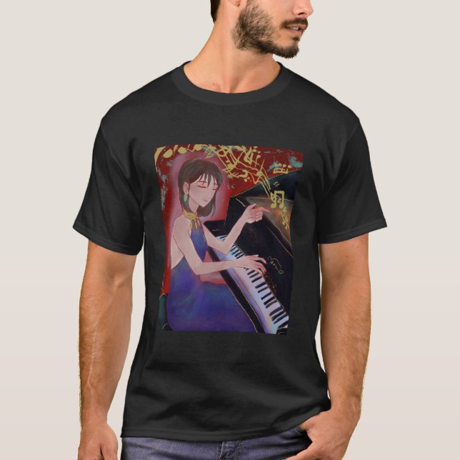 Anime Style Girl Playing Piano Elegant Music  T-Shirt (Front)