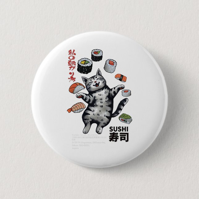 Anime-style Sushi Cat Harajuku Tokyo Japan Cat Caf Button (Front)