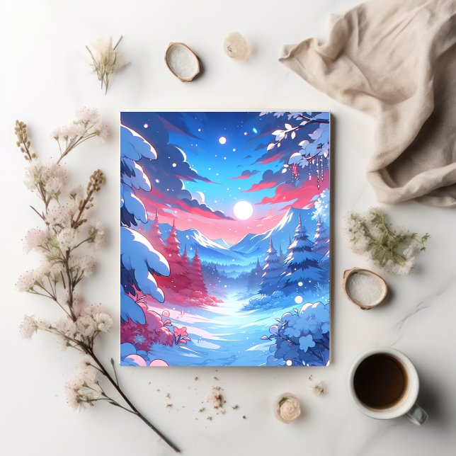 Anime Style Winter Mountain Art Snowy Night Scene Postcard (Creator Uploaded)