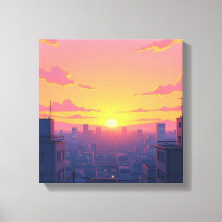 Anime Sunset Cityscape Stretched Canvas Print