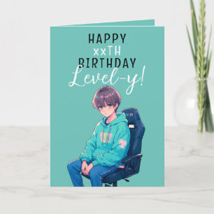 Anime Teal and Black Gamer Custom Age Birthday Card