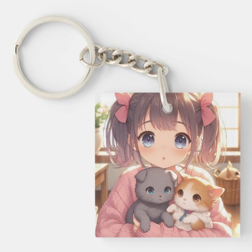 Anime The Girl And The Puppy And A Kitten Keychain