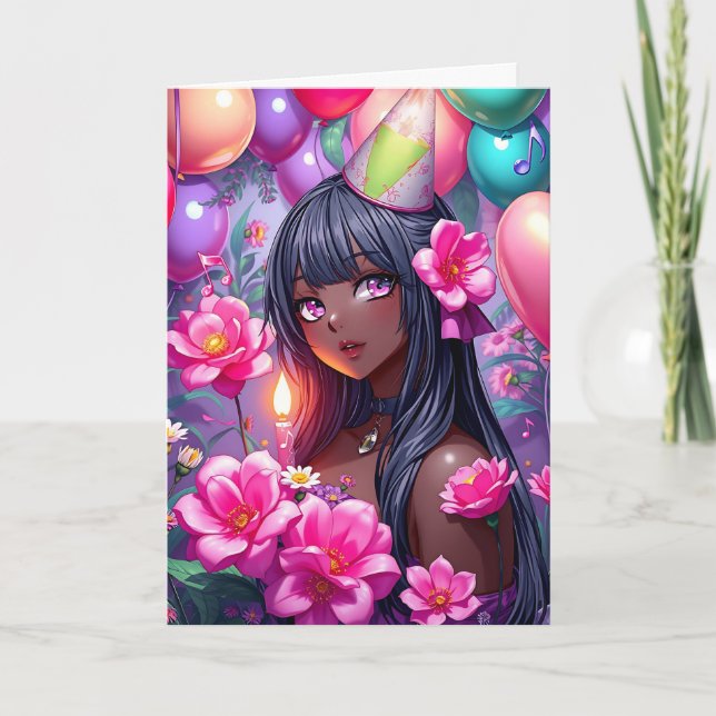Anime Themed Birthday Girl of Color  Card (Front)
