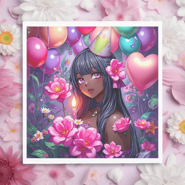 Anime Themed Birthday Girl of Color  Napkins (Creator Uploaded)