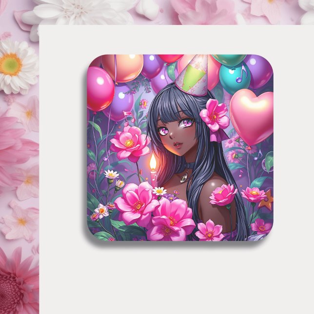 Anime Themed Birthday Girl of Color  Square Sticker (Creator Uploaded)