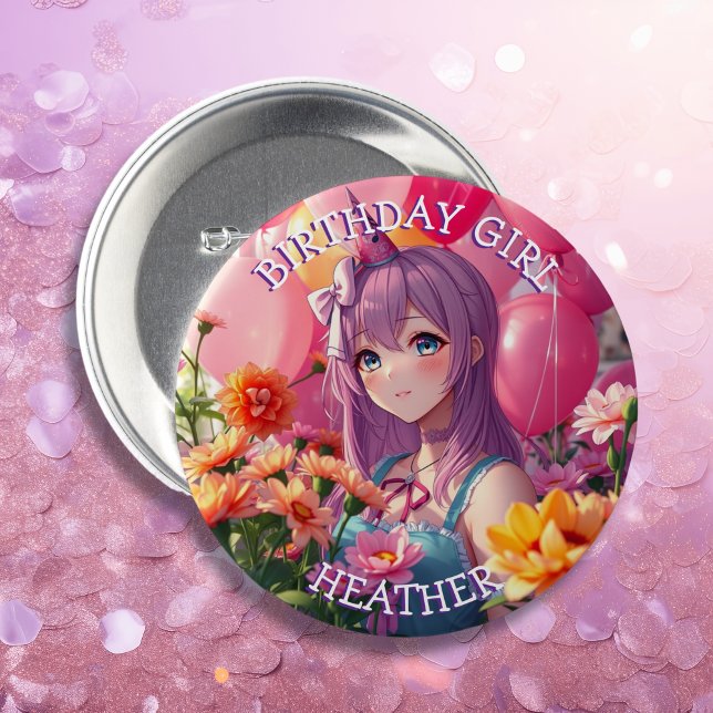 Anime Themed Birthday Girl Personalized  Button (Creator Uploaded)