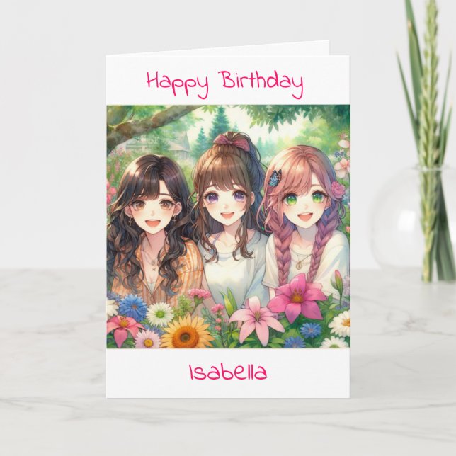 Anime Themed Girl's Birthday | Coloring Page Card (Front)