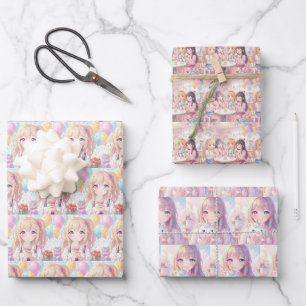 Anime Themed Girl's Birthday Wrapping Paper Sheets