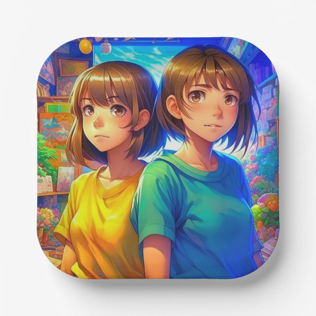 Anime Themed Twin Girl's Birthday Party Paper Plates (Front)