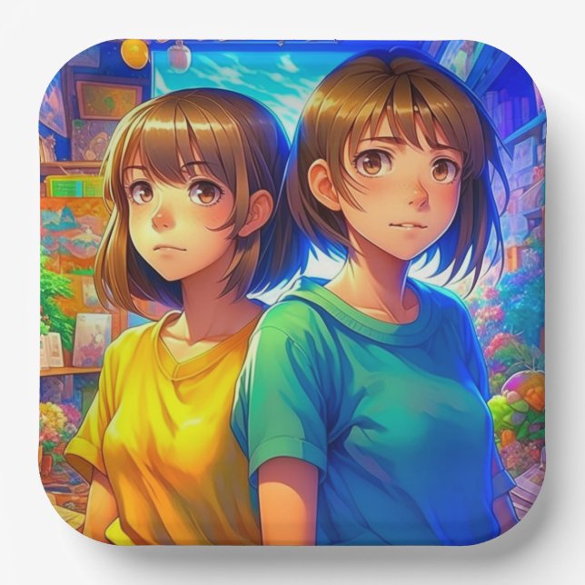 Anime Themed Twin Girl's Birthday Party Paper Plates (Front)