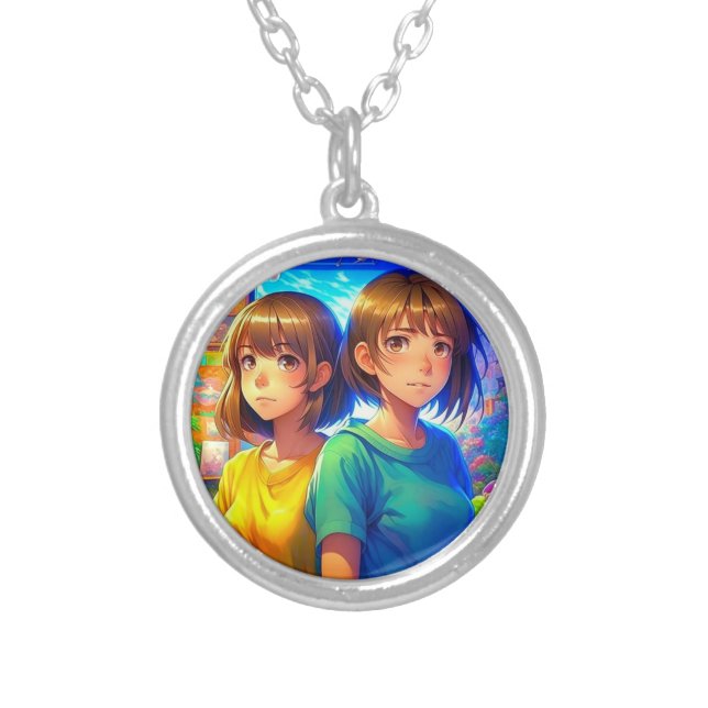Anime Themed Twin Girl's  Silver Plated Necklace (Front)