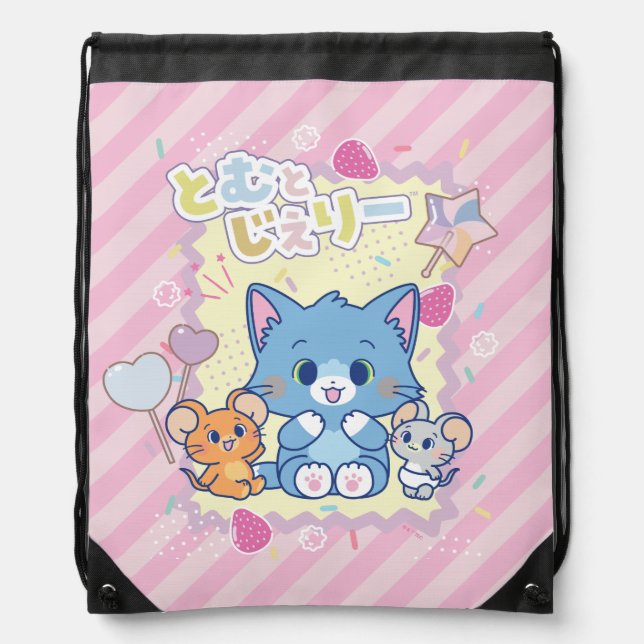 Anime Tom and Jerry Strawberry Fun Drawstring Bag (Front)